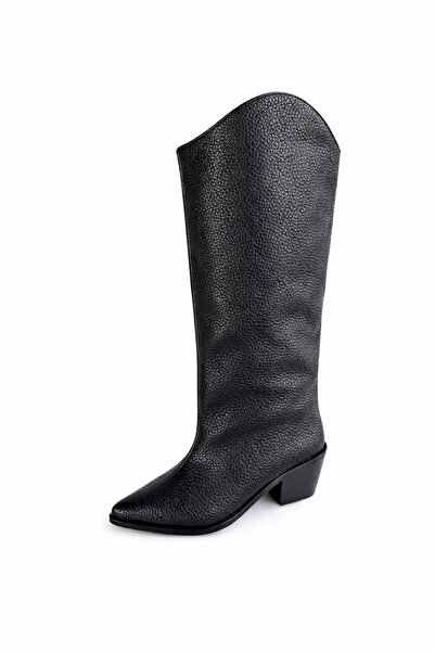 POTEEN Leo Kadın XL Kesim Geniş Konç Kalın Topuklu Floter Çizme C321-Siyah