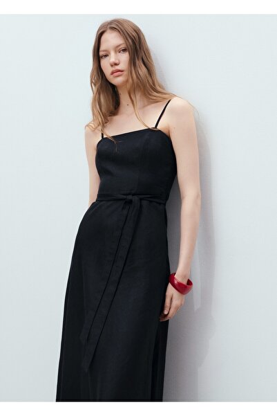 MANGO Woman Keten karışımlı fiyonklu elbise