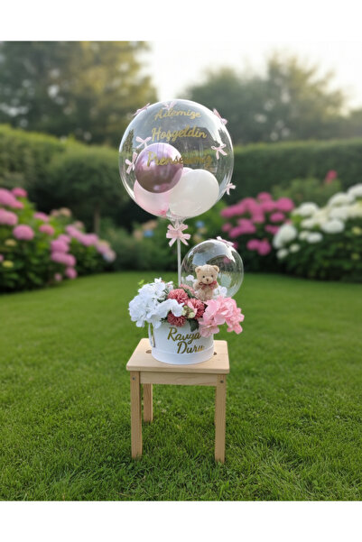 Kids Büyülü Balon-Çiçek Buketi 2 Balon Ayıcıklı Kız Bebek Yazılı Doğum - Yıld...