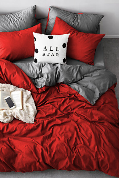 Always Double-Sided Double Bed Duvet Cover Set with Elastic Sheet Red-Grey