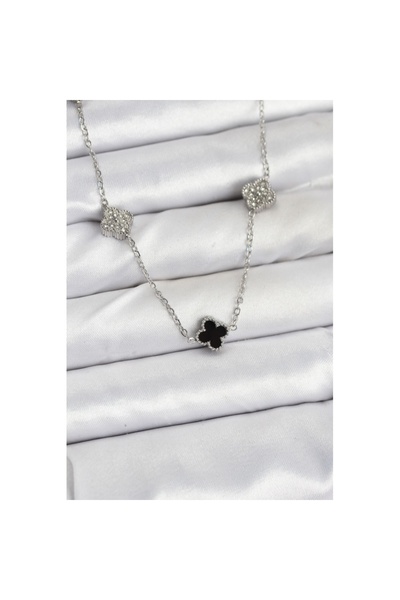 Skygo 316L Steel Chain Silver Color Black and Zircon Stone Baby Boy Clover Wo...