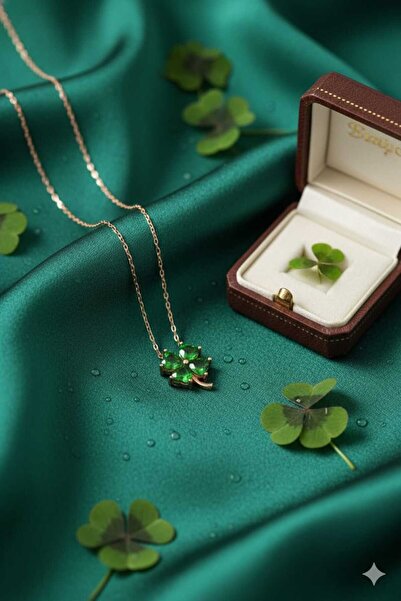 Papatya Silver 925 Ayar Gümüş Yeşil Taşlı Yonca Kadın Kolye.rose.gold.rodaj