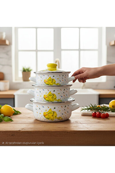 Emparlahome طقم أواني طهي مينا مكون من 3 قطع (صغير) (12 سم-14 سم-16 سم) بنقش ...