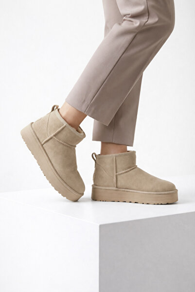 pangolix Women's Beige Fur-Lined Thick Polysole Suede Look Boots