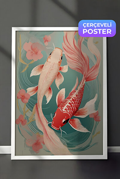 Zestia Beyaz Çerçeveli Tablo, Koi Balıkları İllüstrasyonu, Salon Dekoru Poste...