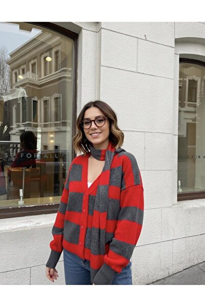 De Pose Kadın Kırmızı Çizgili Şal Aksesuarlı Hırka