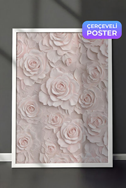 Zestia Tablou cu ramă albă, Motiv trandafir alb în relief, Poster decorativ p...