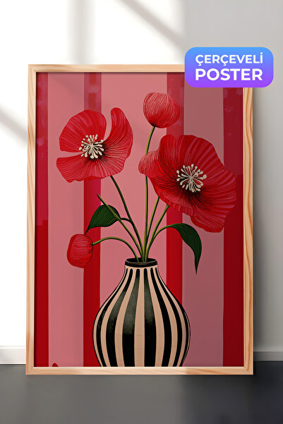 Zestia Ahşap Çerçeveli Tablo, Kırmızı Fon Gelincik, Salon Dekoru Poster No: 1...
