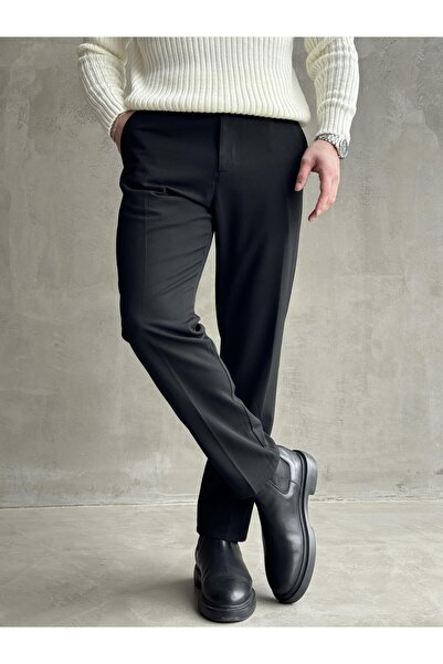 HAVANO Erkek Siyah Regular Fit Gizli Düğmeli Kumaş Pantolon Günlük Şık Casual