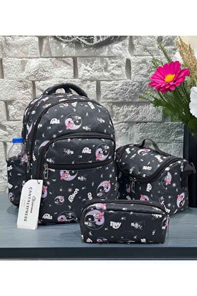 ÇantaExpress Geantă de școală primară cu model de caractere negre Set de 3 ge...