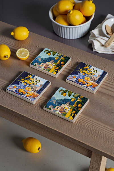 Baumatelier طقم من 4 قواعد أكواب من الحجر الطبيعي الترافرتين بتصميم حديقة الل...