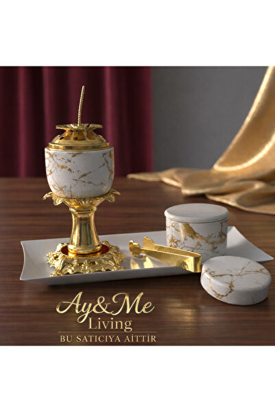 Layansaa Lüks Gold Detaylı Mermer Desenli Buhurdanlık Seti | Altın Renk Ayakl...