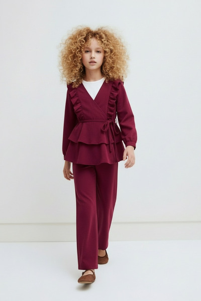 FESSHERA KİDS طقم كيمونو مكون من قطعتين بياقة مكشكشة بأزرار على الجهتين للفتي...