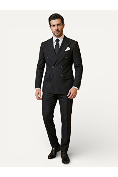 HERMOSE Prestige |   Onyx Black Striped Double Breasted Suit with Metal Buttons