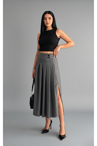 MAİMODA تنورة شق ذات خصر عالٍ ومزينة بمشبك مطوي