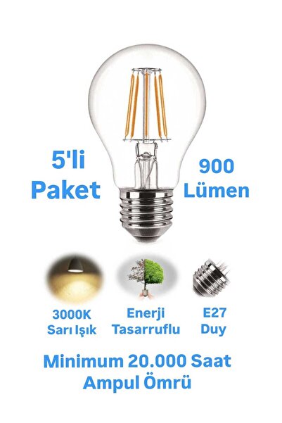 repplam 5'li Paket 8w Rustik Led Ampul Sarı Işık 900 Lümen E27 Duylu Dekorati...