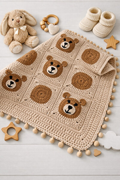 Hobi Kafe El Örgüsü 85cm*85 cm Boyutlarında Ayıcıklı Bebek Battaniyesi