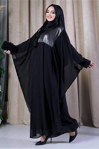 TRENDTESETTÜR KADIN SİYAH PELERİNLİ ŞİFON ELBİSELİ TAKIM T 0538