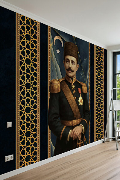 MİRAZAWALL Enver Paşa Portreli Selçuklu Yıldızı Motifli Tek Parça Tekstil Duv...