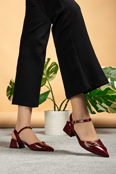 bakacstore Kadın Bordo Kırışık Rugan Kısa Topuklu Ayakkabı