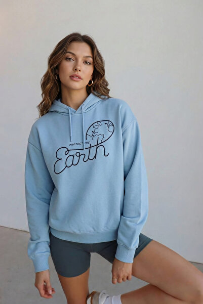 MARKAPIA WOMAN Femei cu glugă World cu imprimeu Blue Swea tricou