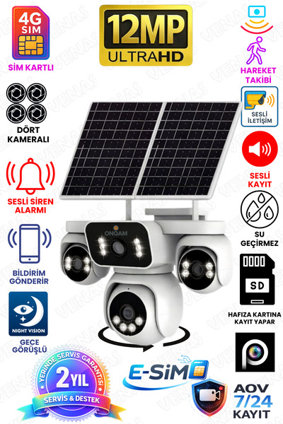 Venas 4 Kameralı Sim Kartlı Güneş Panelli Hareket Takipli Gece Görüşlü Güvenl...