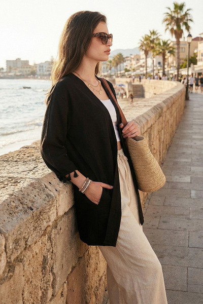 Lela Cardigan lung kimono cu ciucuri amestecat din bumbac și in 5869015