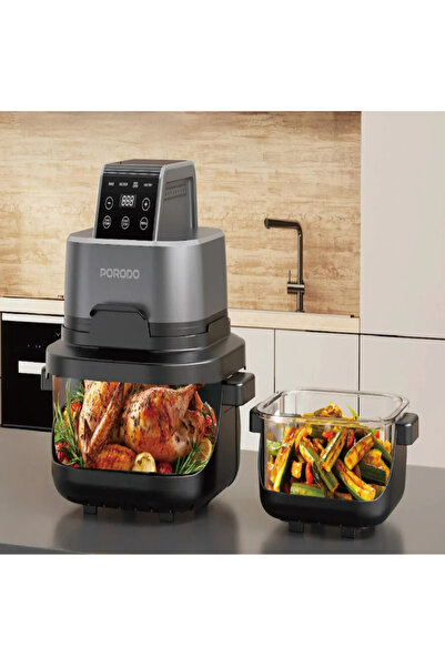 porodo مقلاة هوائية زجاجية 4 في 1 من لايف ستايل، سعة 4 لتر + 1.5 لتر، 1500 وا...