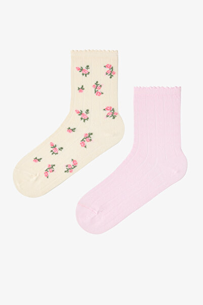 Penti Beyaz - Açık Pembe Rosy Frill 2'li Soket Çorap
