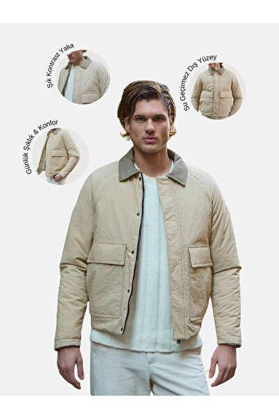 Danger Jachetă pentru bărbați, matlasată, impermeabilă, bej, cu guler contras...