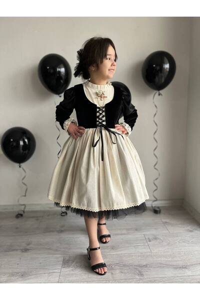 Sare Çocuk Giyim فستان تنكري للفتيات من الفئة الممتازة باللون الأسود المخملي ...