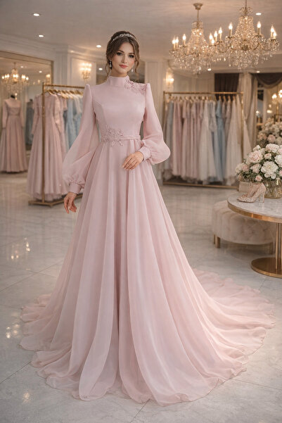 ÖZEL DİKİM Pudra pembe tesettür elbise