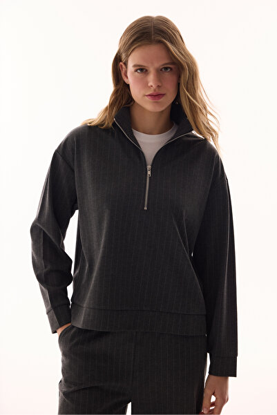 Penti Anthracite Zippered Striped Sweatshirt