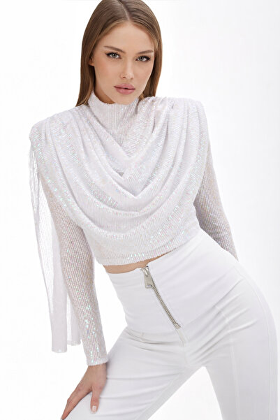 Gira Beyaz Payetli Şal Detaylı Bluz