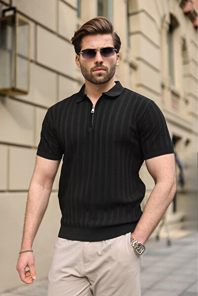 Madmext Siyah Yarım Fermuarlı Polo Yaka Erkek Triko Tişört E7458