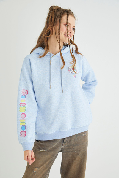 Hello Kitty Lisanslı Baskılı Kapüşonlu Kalın Mavi Sweatshirt