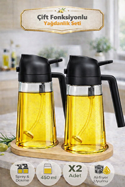 Berdina Home 2'li Bambu Stantlı Çift Fonksiyonlu Cam Yağdanlık 450ml Sprey Dö...
