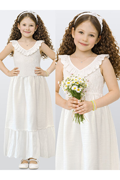 Denokids Rochie albă texturată pentru fete