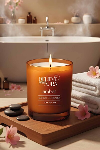 Believe Your Aura Amber Kokulu Mum - %100 Doğal Soya Mumu Lav Liberty Amber B...