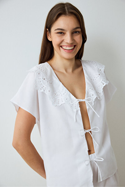 Penti Optical White Alia Lace V-Neck Cotton Short Sleeve Pajama Set