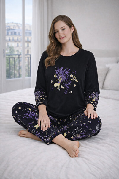 CALERA Kadın Büyük Beden Çiçek Desenli Uzun Kollu Pijama Takımı Rahat Kalıp G...