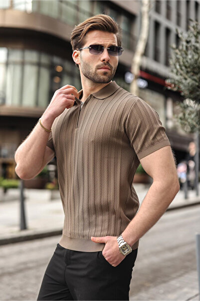 Madmext Light Brown Half Zip Polo Neck Men's Knitwear T-Shirt E7458