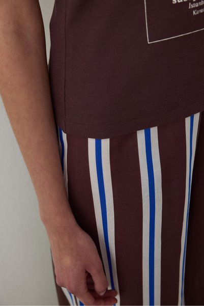 Penti Brown Istanbul Snowdrop Striped Crew Neck Strap Cotton Pajama Set - Inspired by Flora