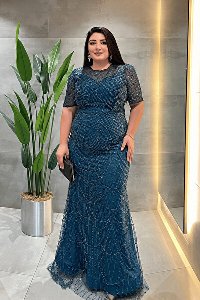 giyimmasalı Rochie cu design din țesătură cu mărgele - TURKUAZ