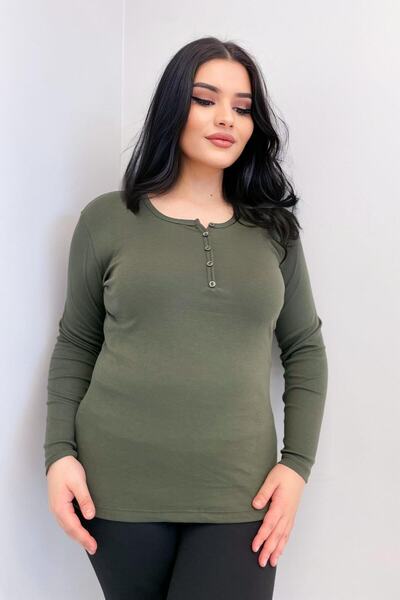 Siyezen Βαμβακερή μπλούζα μεγάλου μεγέθους με λεπτομέρεια κουμπιών, χακί