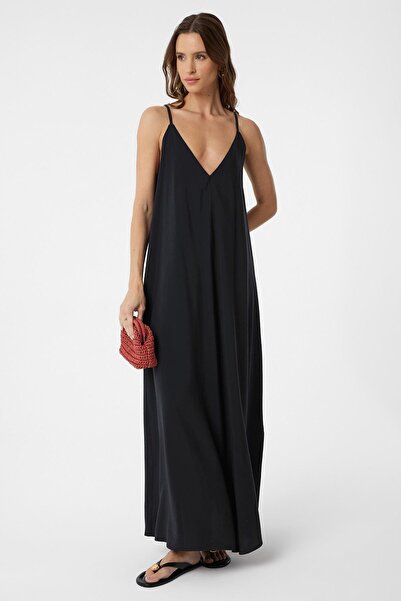 Antioch Siyah Askılı Modal Uzun Kadın Elbise