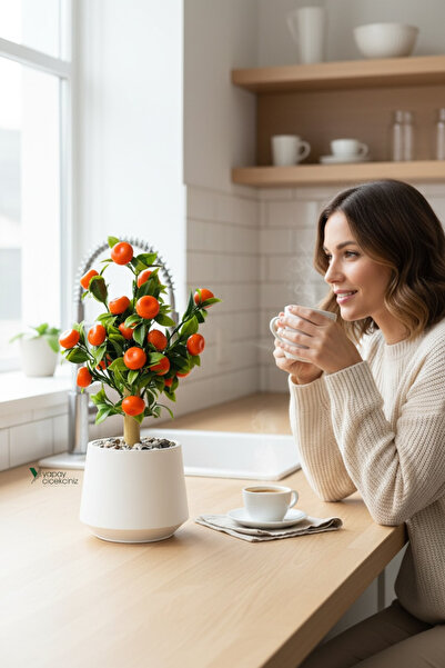 YAPAY ÇİÇEKÇİNİZ شجرة ماندرين صناعية في وعاء خرساني أبيض مع جذع من الخيزران ب...