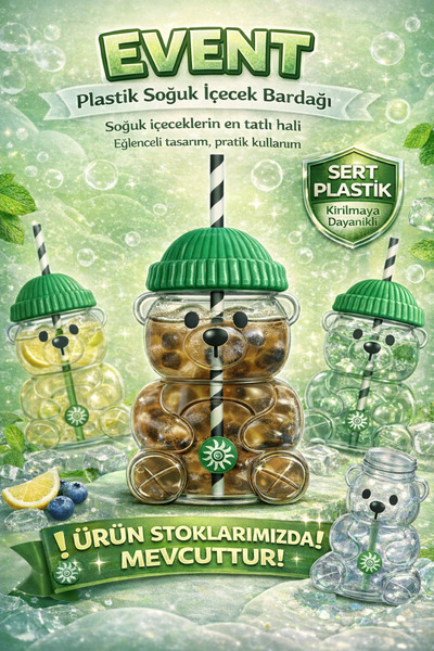 EVENT Ayıcık Figürlü Pipetli Sevimli Tasarım Kapaklı Pipetli İçecek Bardağı T...