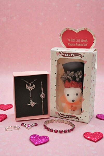 BLIZGANTIS Zirkon Çelik Kolye Bileklik Ve Yüzük Seti Flowers Mini Ayıcık Çiçe...