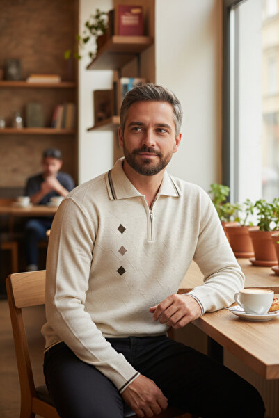 Kamalı Muški krem pulover bez pilinga, standardnog kroja, normalnog kroja, sa...